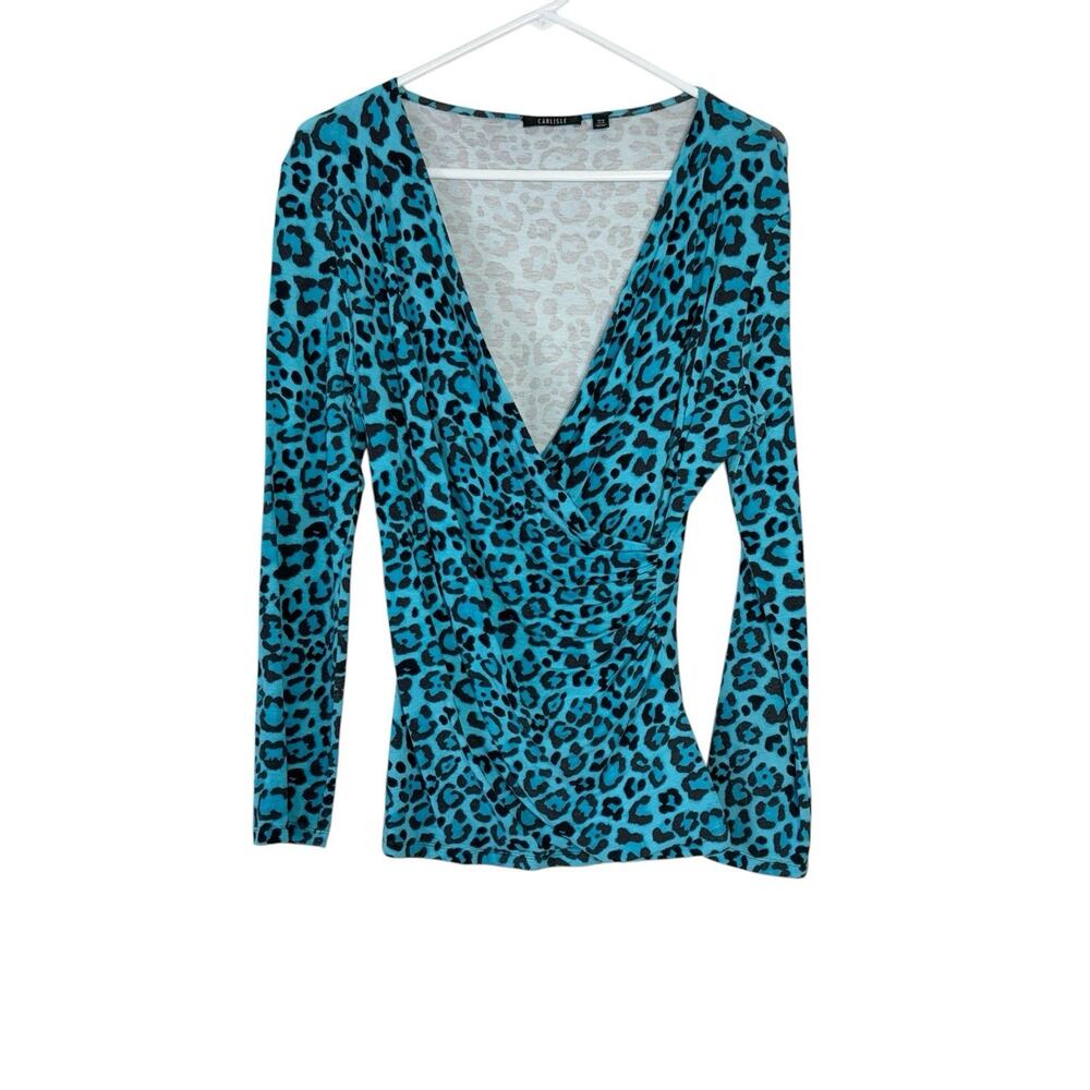 Carlisle Blue Leopard Long Sleeve Surplice Blouse Top Shirt Women's Size Medium